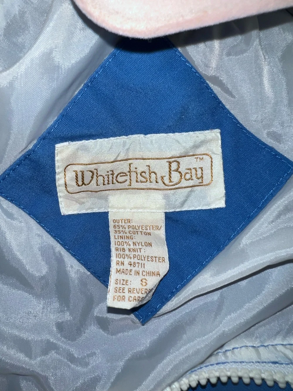 Vintage 1980s Whitefish Bay full-zip unisex bomber jacket  Blue/White Pockets S